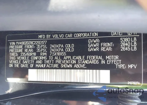 2012 Volvo Xc60 T6/T6 Platinum/T6 Premier Plus/T6 R-Design/T6 R-Design Platinum/T6 R-Design Premier Plus из США, поврежденный, VIN YV4902DZ8C2293177